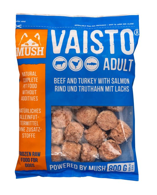 MUSH Vaisto ADULT BLUE телешко, пуешко и сьомга, серия ALL BREEDS FORMULA 800g