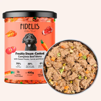 Готвено прясно говеждо месо за кучета със сладък картоф, ябълка и броколи – FIDELIS