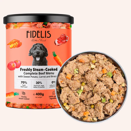 Готвено прясно говеждо месо за кучета със сладък картоф, ябълка и броколи – FIDELIS