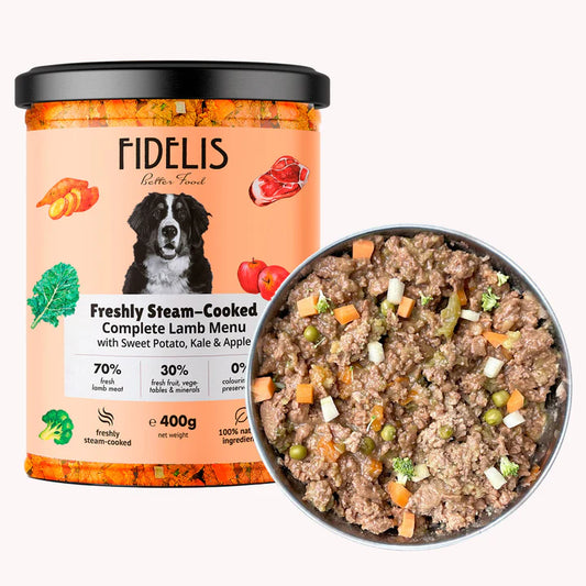 Готвено прясно агнешко месо за кучета със сладък картоф, кейл и ябълка – FIDELIS