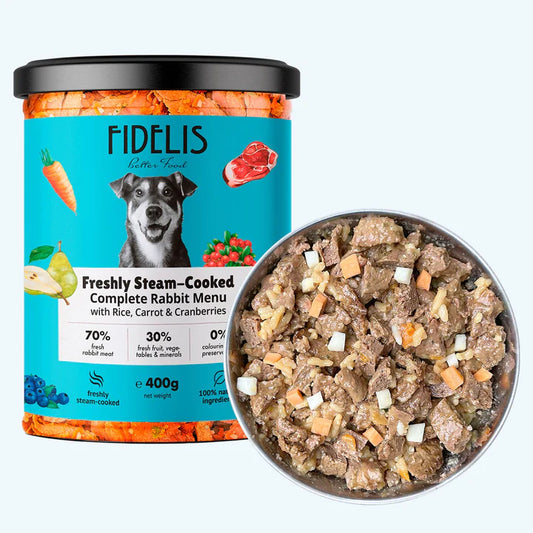 Готвено прясно заешко месо за кучета с кафяв ориз, морков и червени боровинки – FIDELIS