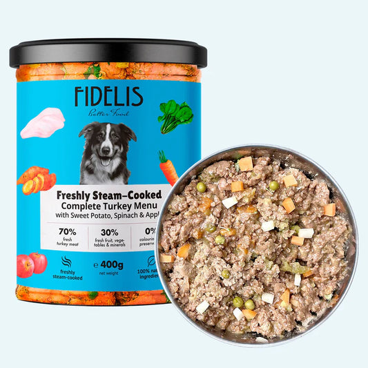 Готвено прясно пуешко месо за кучета със сладък картоф, спанак и ябълка – FIDELIS