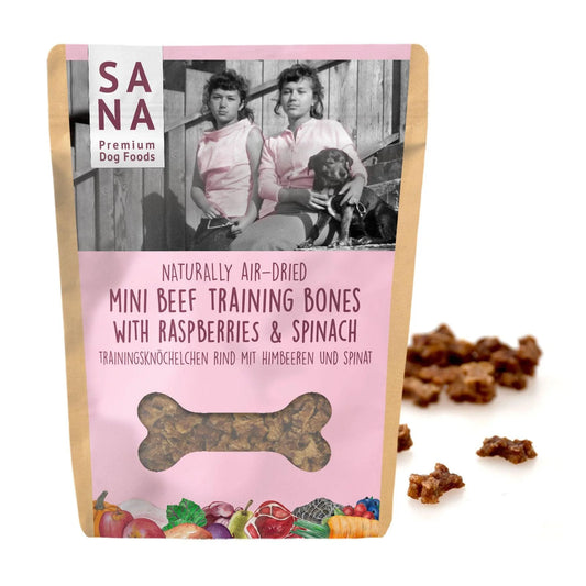 Мини тренировъчни хапки за кучета с говеждо, малини и спанак – SANADOG